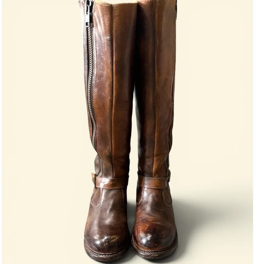 Bed Stu SZ 8 Manchester Tall Boots Brown Leather Distressed Double‎ Zip Buckle